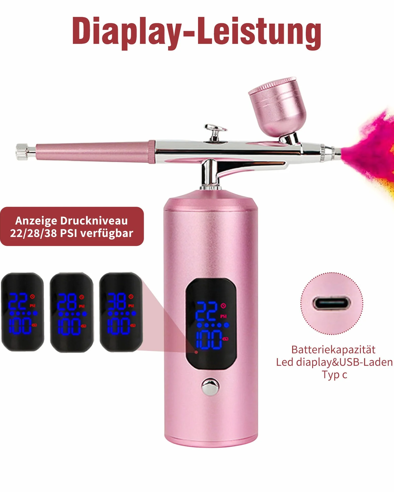 Kit Aerografo Senza Fili: 38 Pcs Pistola Aerografo Portatile con Schermo a LED per Trucco, Idratazione della Pelle, Modellazione di Tatuaggi, Unghie, Decorazione di Torte (Rosa 1)