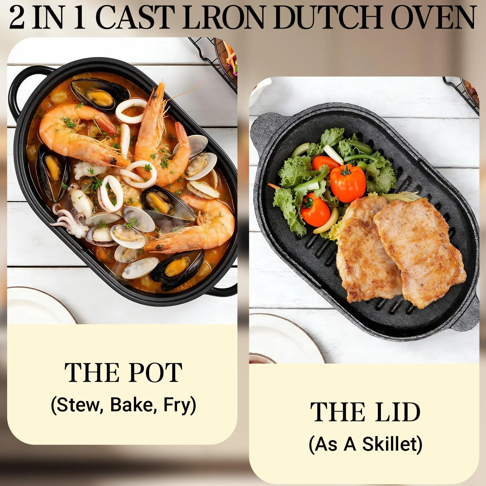 Pentola ovale 2 in 1 in ghisa, 23 cm, 2 l, con coperchio per pane, cast Iron Pot