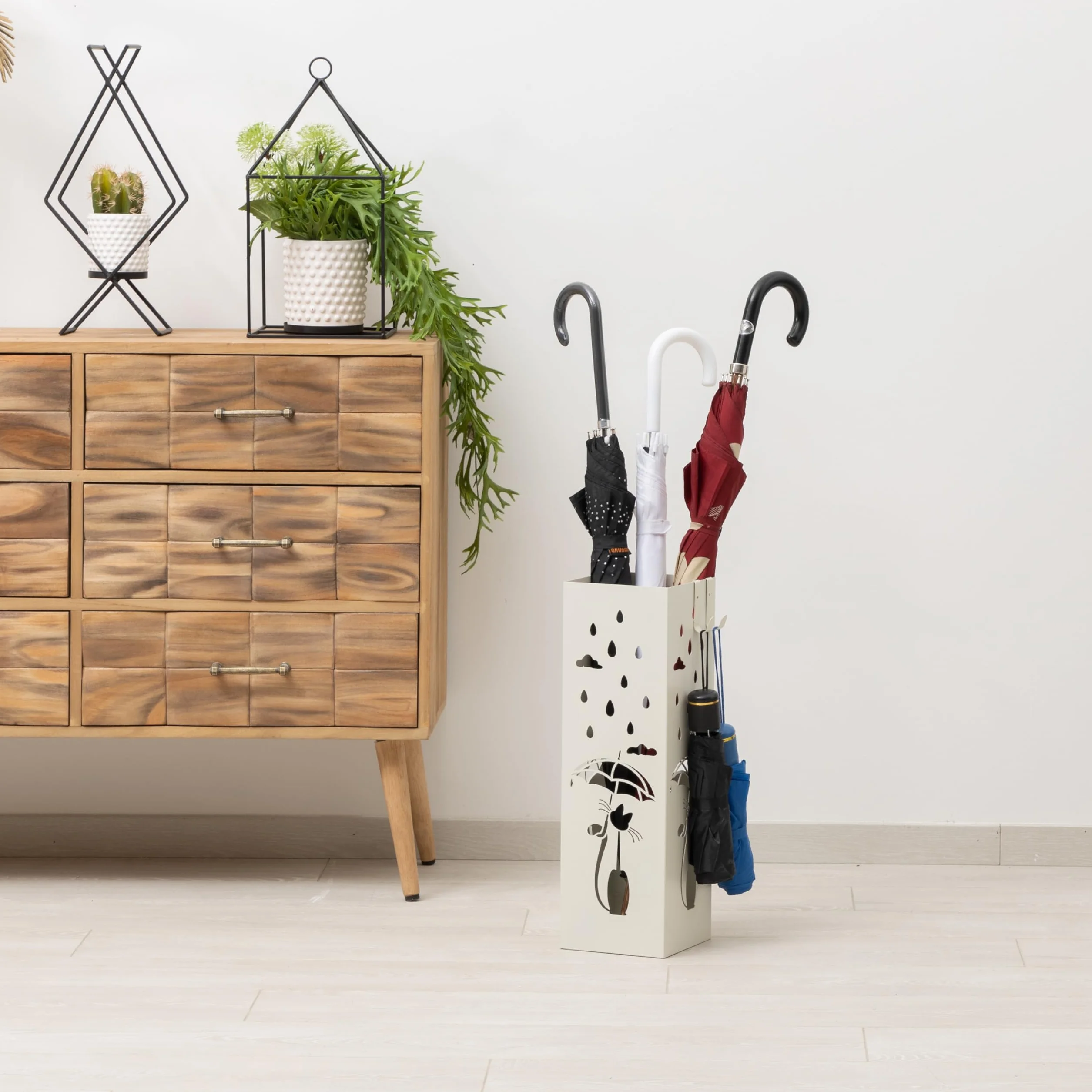 Baroni Home Portaombrelli Design Moderno Porta Ombrelli in Metallo Bianco con Gatto con 2 Gancini e Vaschetta Scolapioggia Rimovibile 15,5X15,5X49 cm