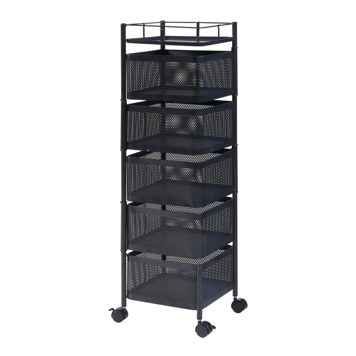 [en.casa] Carrello da Stoccaggio Organizzatore con 5 Cestelli Girevoli e Piano con Barra Anticaduta Mobile Multiuso in Acciaio a 4 Rotelle per Cucina Ufficio Bagno - Nero