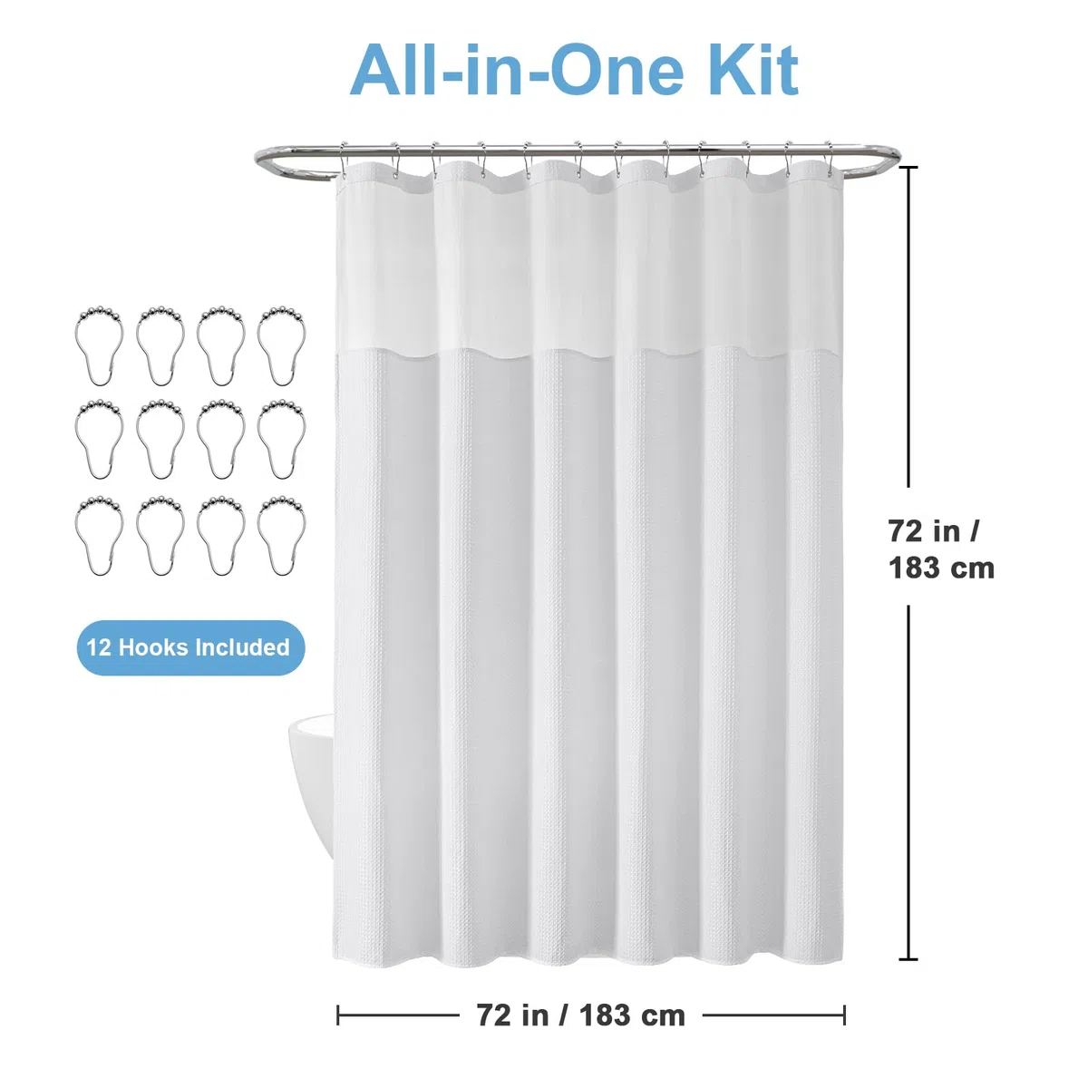 Tenda da doccia a nido d'ape, per bagno, include 12 ganci in acciaio inox, tessuto strutturato, stile alberghiero, impermeabile, lavabile in lavatrice, colore bianco, 183 x 183 cm