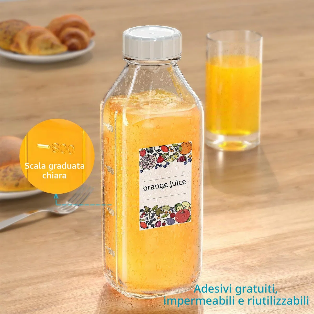 Absovetu Confezione da 2 bottiglie in vetro riutilizzabili con coperchio a vite ermetico, brocca per latte in vetro da 1 litro con beccuccio versatore, dispenser per bevande, succhi di frutta, latte,