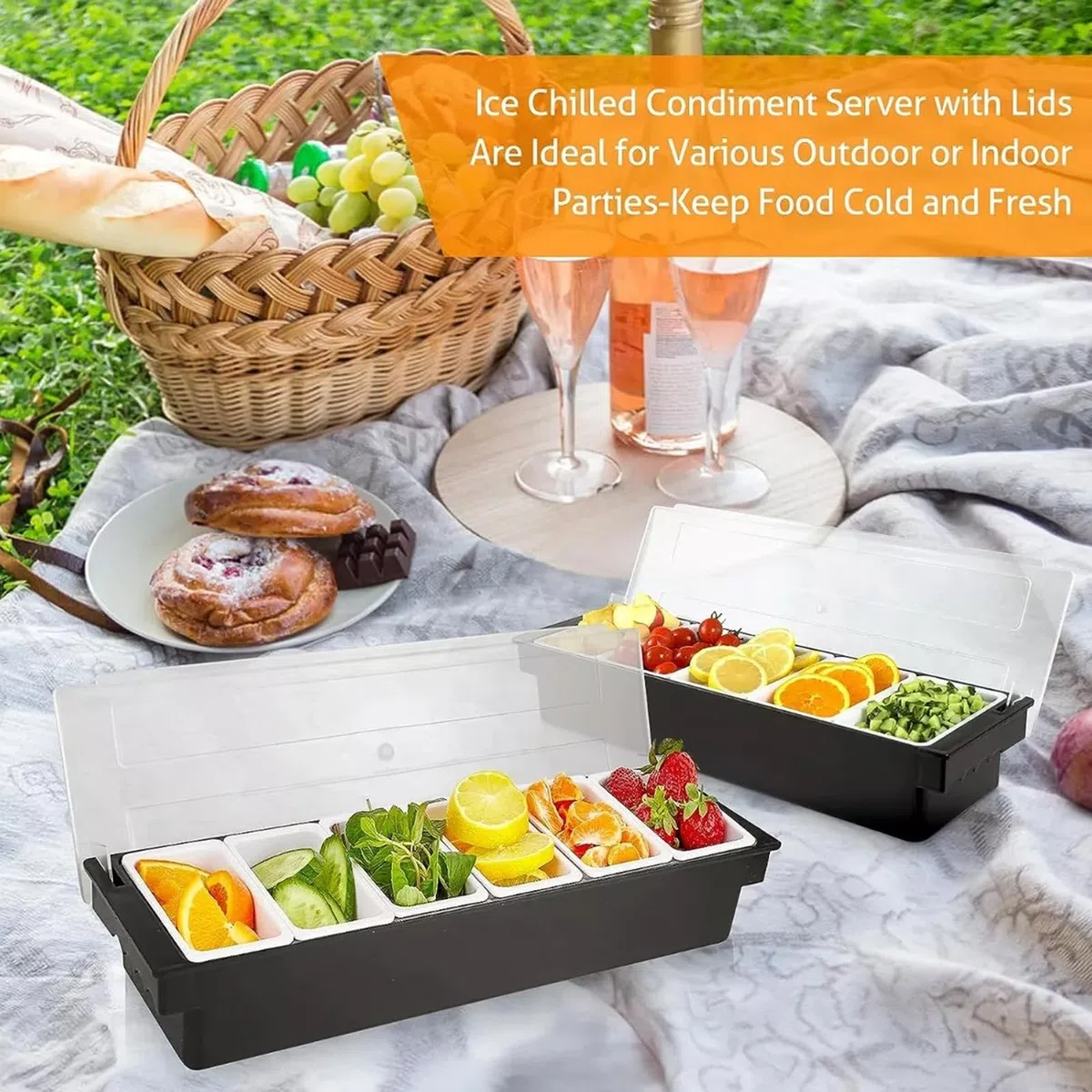 Contenitore per condimenti refrigerati con coperchio, vassoio per frutta e condimenti, con 6 piatti rimovibili, per macedonia di frutta, taco e verdura