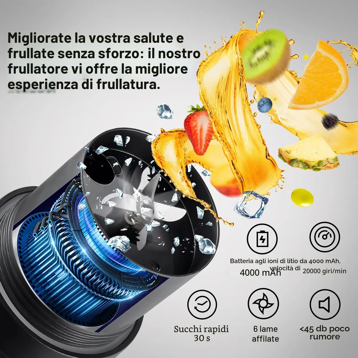 Mixer Smoothie Maker to Go, 460 ml, bottiglia Fresh Juice, 4000 mAh ricaricabile, 6 lame affilate, mini cannuccia in silicone, per viaggi e uso a casa, HD-07, nero