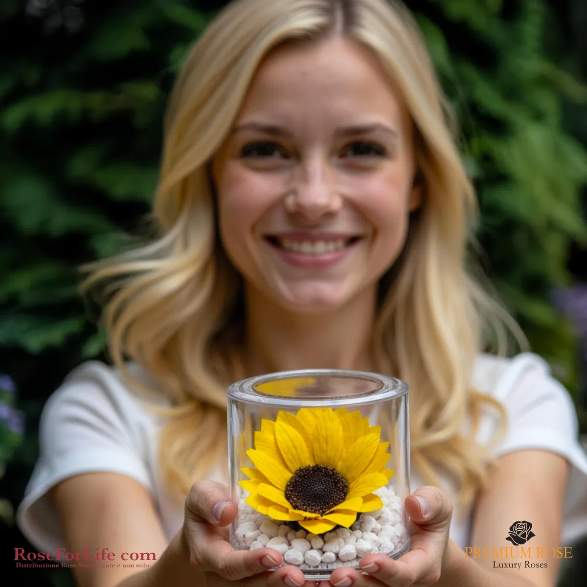 Premium-rose.com Box tondo con Girasole Stabilizzata e Marmo di Carrara, Idea Regalo Unica e Raffinata, Idea regalo per lei, Natale, Cubo Rosa fucsia, Fatta in Italia (girasole 1999)