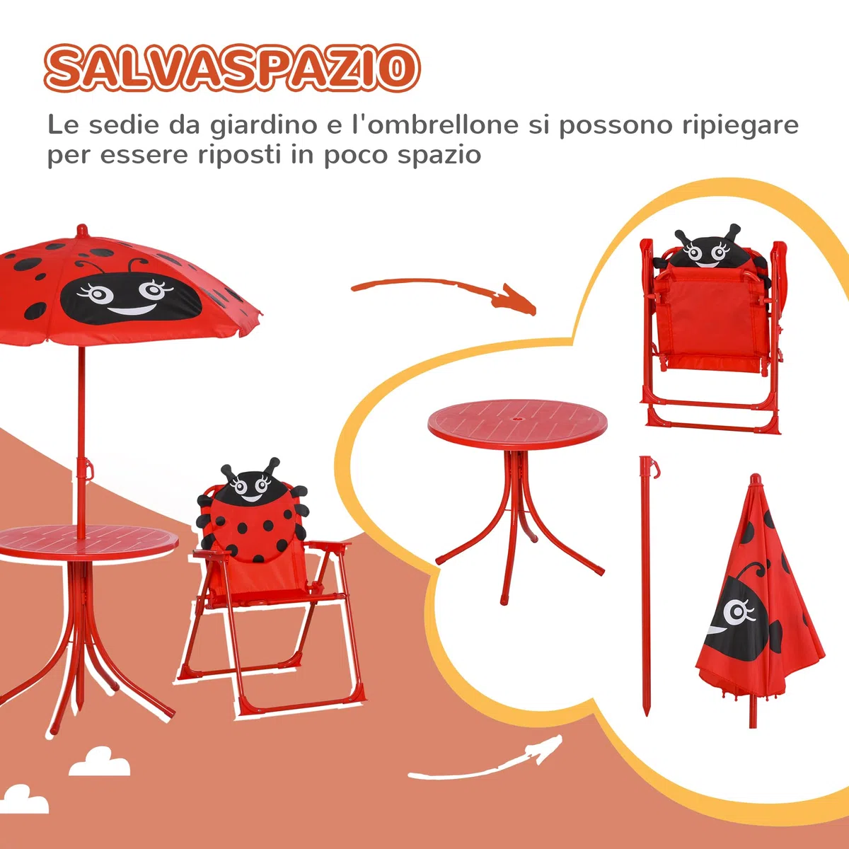 Outsunny Tavolo da Picnic per Bambini, Set Tavolo e Sedie con 2 Sedie Pieghevoli e Ombrellone Removibile, Tema Rana, Set da Esterno per Giardino, Patio, Rosso