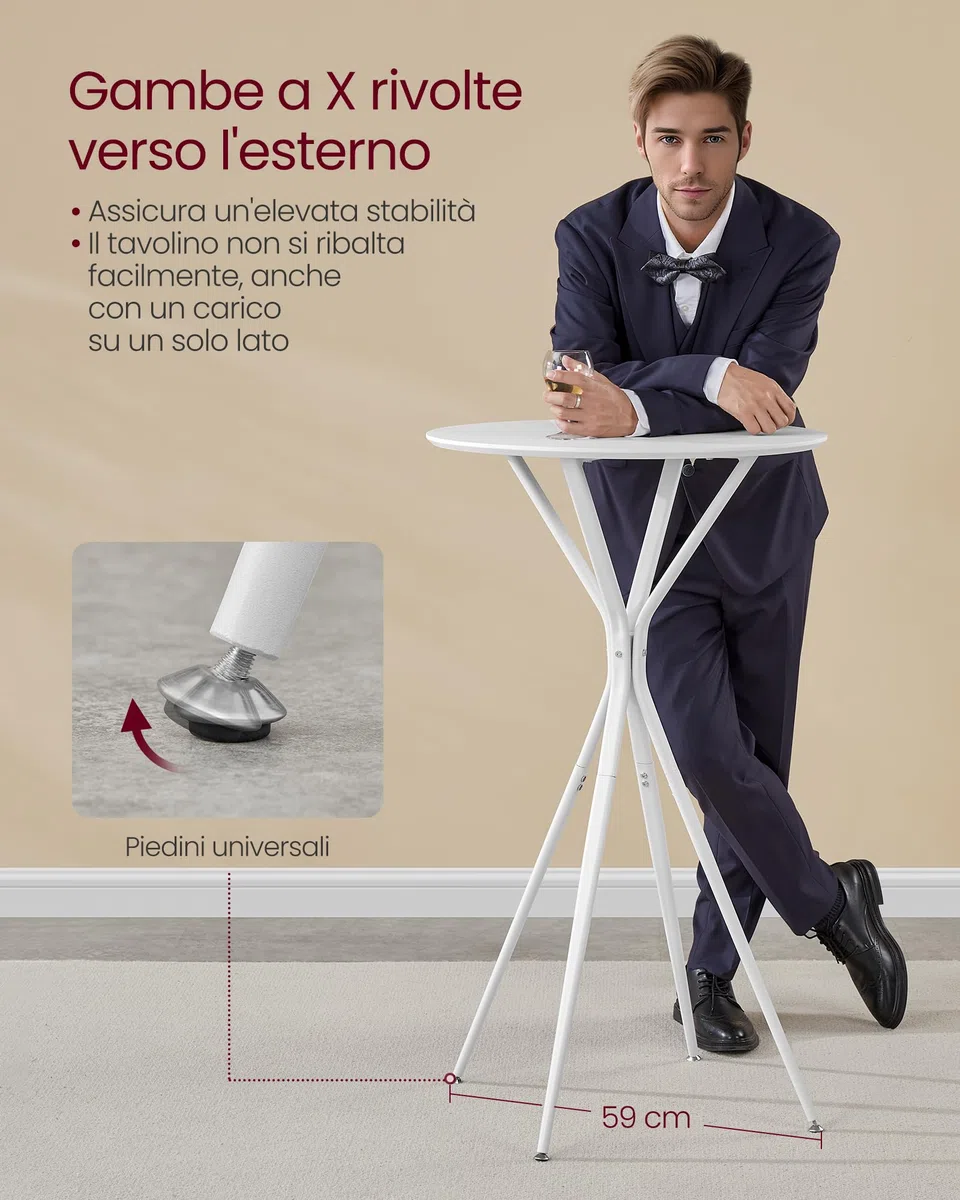 VASAGLE Tavolino da Bar, Tavolino da Cucina, Tavolo Alto Rotondo, Struttura in Metallo, 60 x 60 x 105 cm, per Soggiorno, Moderno, Montaggio Facile, Bianco Nuvola e Bianco Opaco LBT024W01