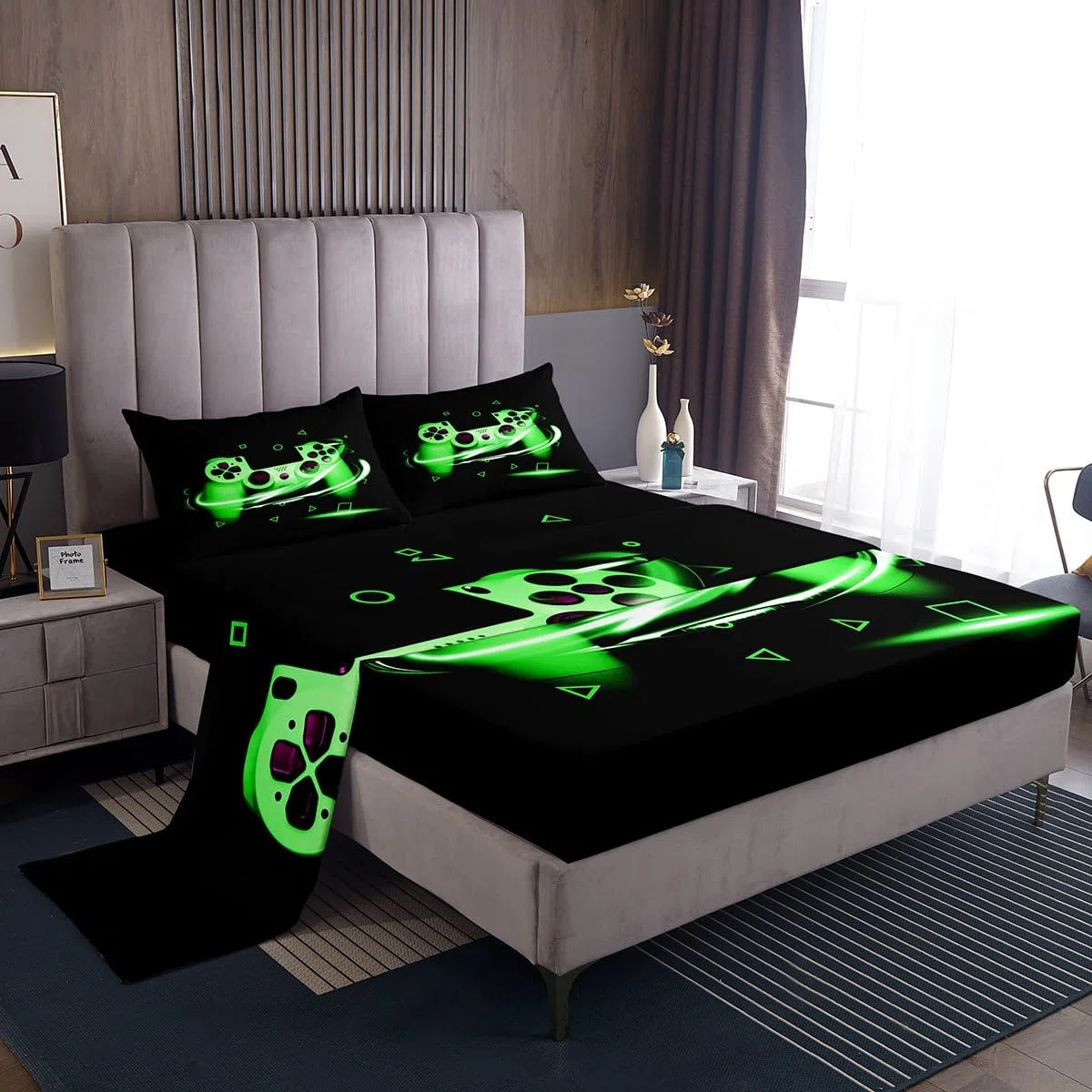 Gamer Lenzuolo con angoli per ragazzi ragazze ragazzi, set di lenzuola per videogiochi,lenzuola per videogiochi,nero,verde,Galaxy Action con bottoni e 1 lenzuolo con angoli +1 federa singolo