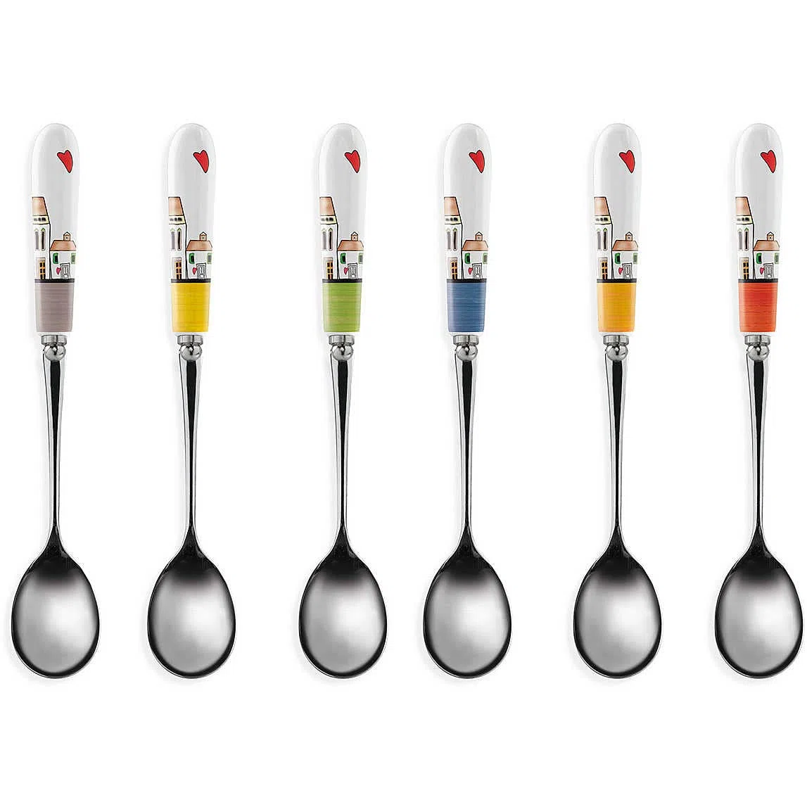 Egan Set di 6 Cucchiaini con Manici in ceramica Colorati Linea Le Casette, 15x2.3x1