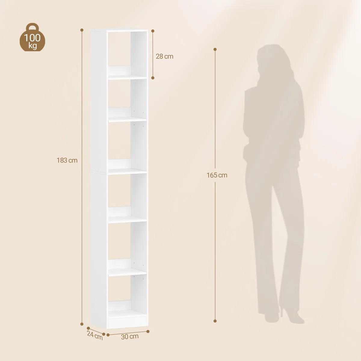 Hzuaneri Libreria a 6 Ripiani, Scaffale Libreria, 24 x 30 x 183 cm, per Soggiorno Studio Ufficio Camera da Letto, Bianco BC09603X