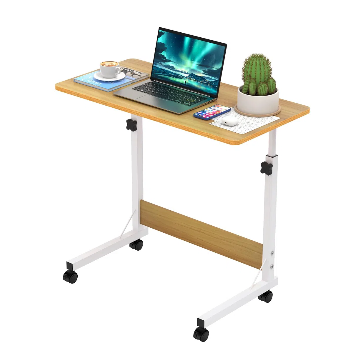 nwixbqqoqn Comodino con rotelle 80x40cm, Tavolo per laptop regolabile in altezza 69-89cm con 4 rotelle, Tavolo rotante per ufficio in camera da letto, Giallo