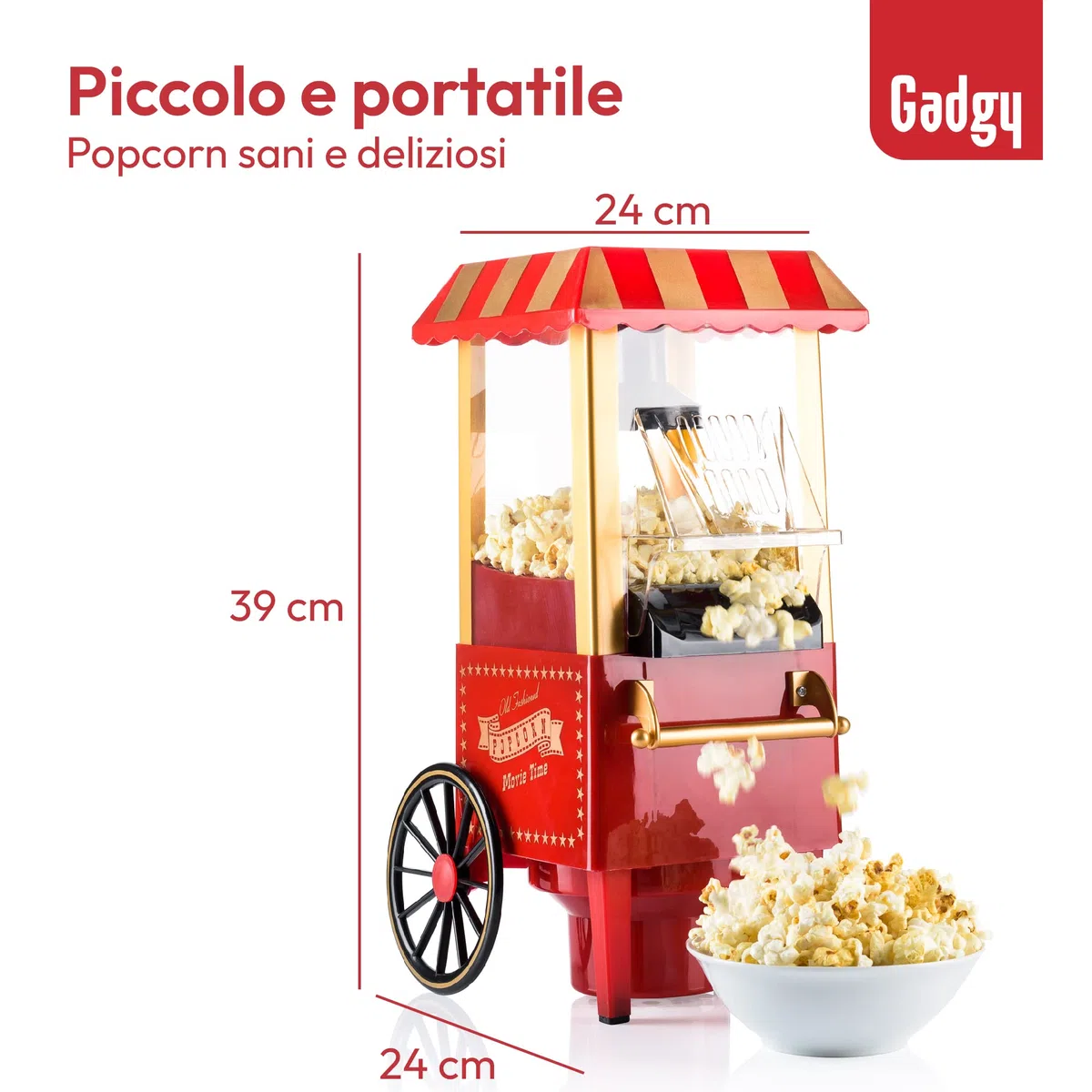 Gadgy Macchina Popcorn | Macchina per Pop Corn ad Aria Calda l Preparazione Salutare, Senza Olio o Grassi l Macchina Pop Corn con Misurino e Coperchio Superiore Rimovibile l Rivestimento Rosso Retrò