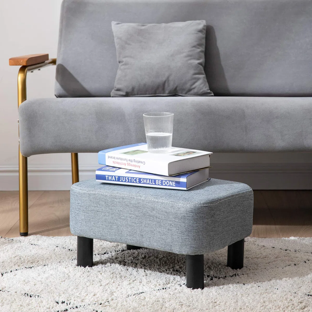 IBUYKE Poggiapiedi Piccolo, Pouf in Tessuto di Lino, Ottomana Rettangolare con Seduta Imbottita Gambe in Legno di Pino e Imbottite, Grigio Chiaro RF-BD214-D