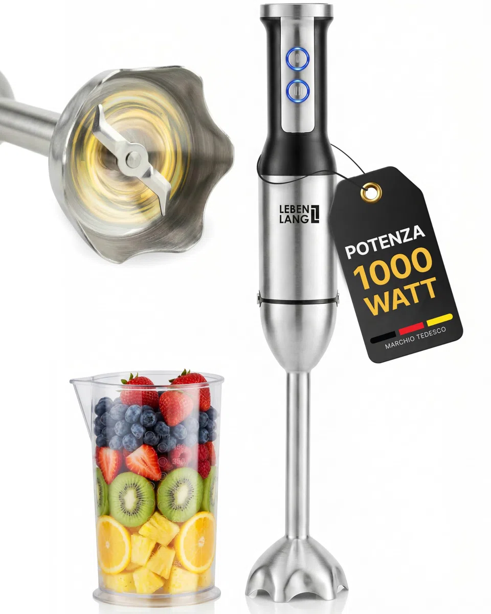 LEBENLANG 1000W frullatore immersione in acciaio inox - Mixer cucina e 8 fasi più Turbo | Frullatore immersione professionale di alta qualità | hand blender | minipimer immersione mini mixer cucina