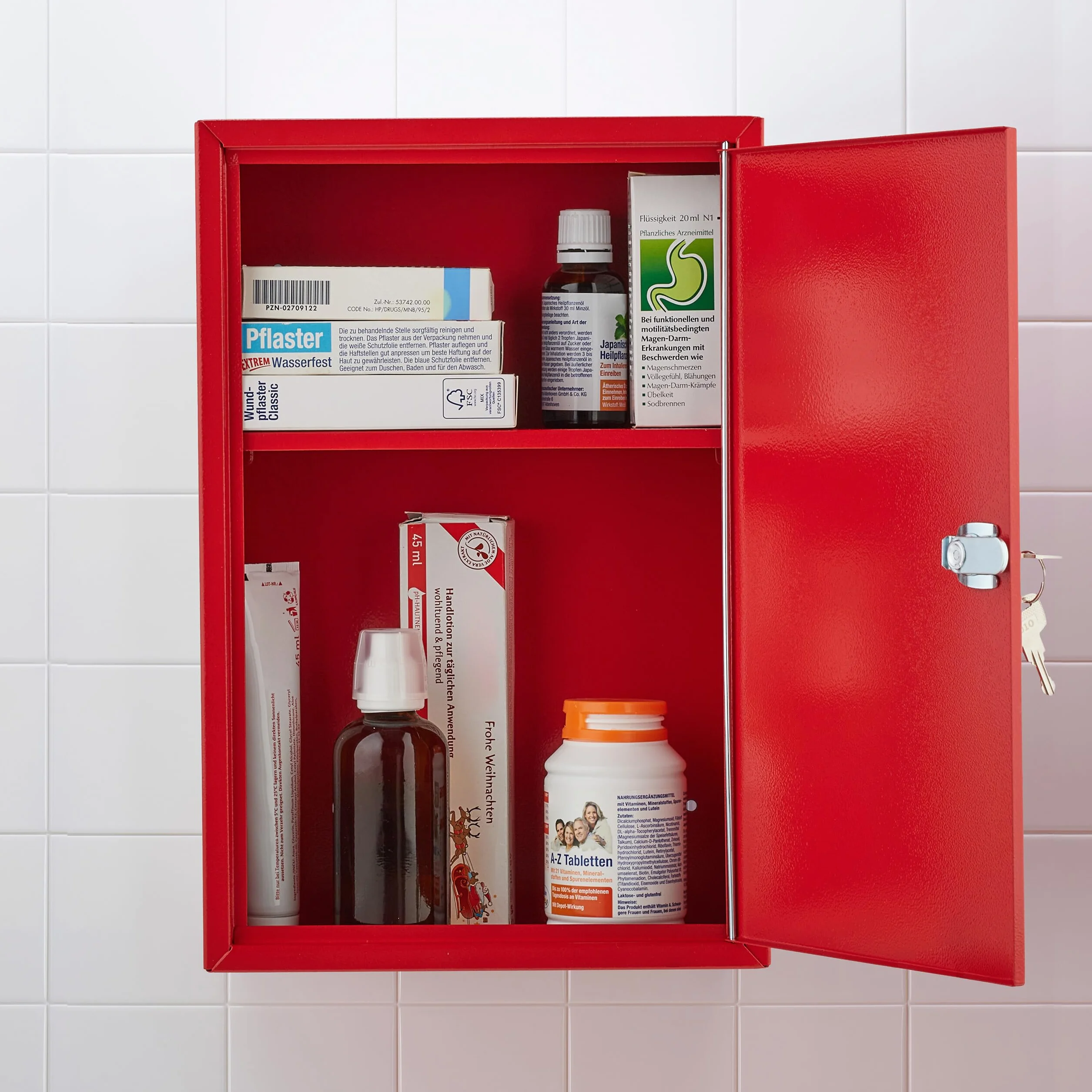 Relaxdays Armadietto Pronto Soccorso per Medicinali, Cassetta con Chiusura di Sicurezza, 32x21,5x9,5 cm, Rosso Bianco