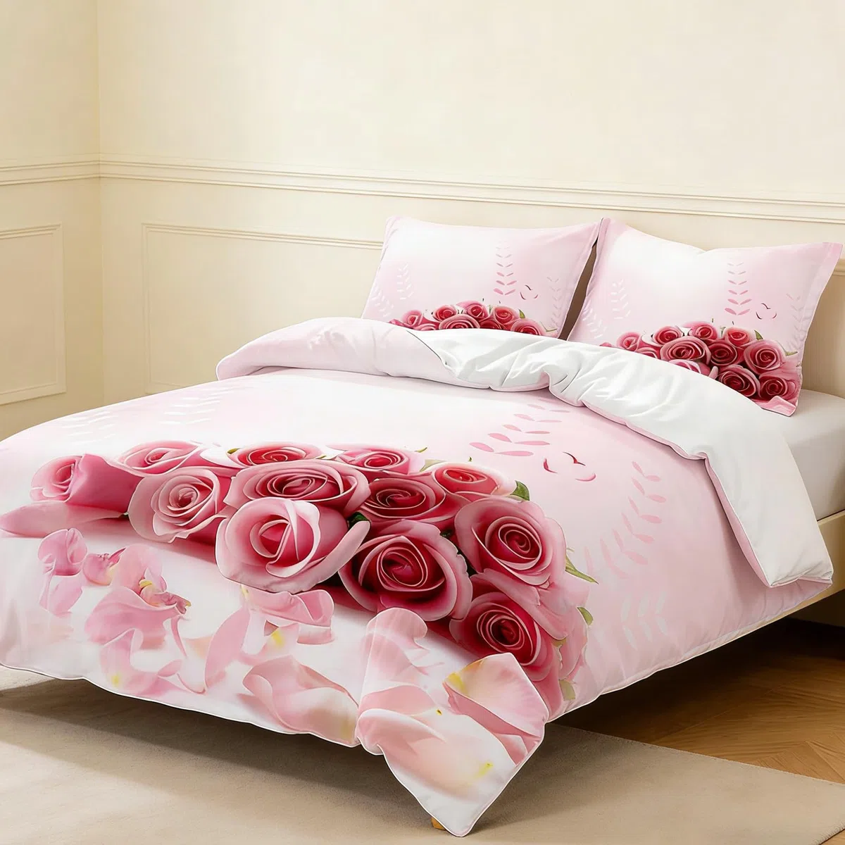 Set Copripiumino 3 Pezzi con Motivo Rose 3D, Biancheria da Letto con Fiori Rossi e Cuori, Romantico per Adulti (A, 220 x 240 cm)