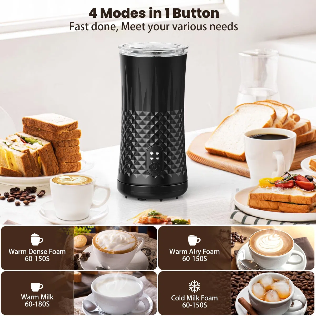 Montalatte Elettrico 4 in 1, Schiumalatte Caldo e Freddo Veloce, 2 Fruste, Rivestimento Antiaderente, Spegnimento Automatico, per Caffè, Cappuccino, Latte