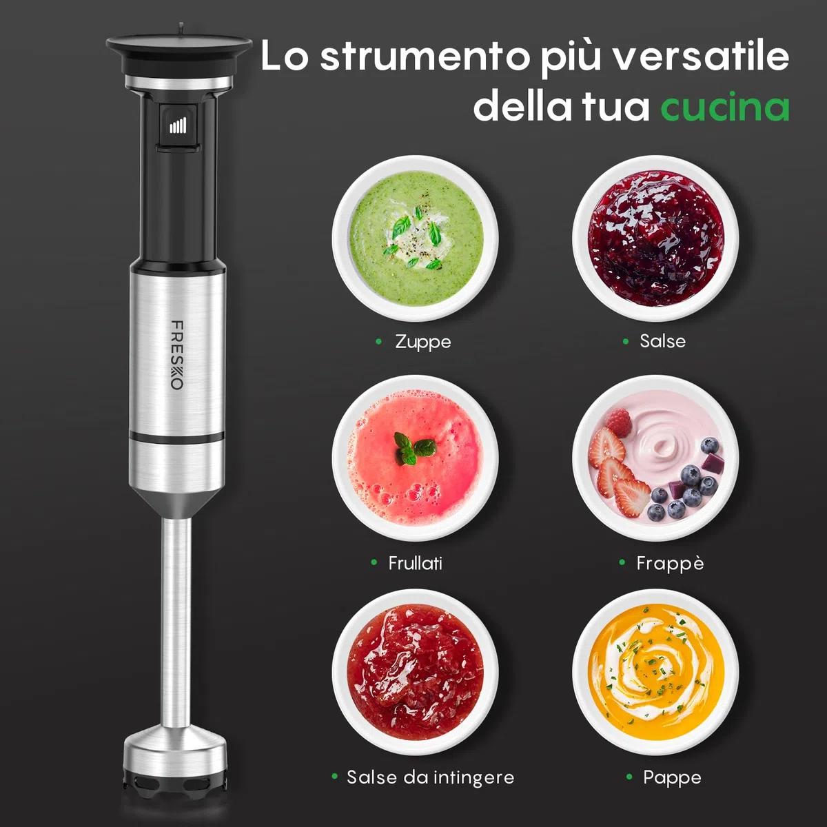 FRESKO Frullatore a Immersione 1000W, Asta in Acciaio Inox con Protezione Pentole, Bicchiere Dosatore 700ml, Velocità Variabili – per Pappe, Zuppe, Frullati, Purè, Salse