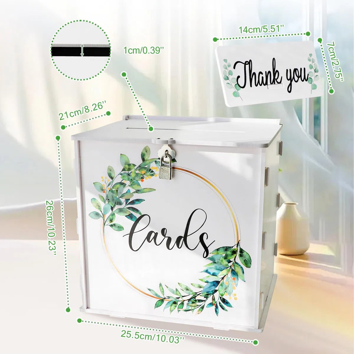 Scatola per biglietti di nozze con lucchetto, in PVC bianco, per ricevimento di nozze, eucalipto, fai da te, per feste, lauree, baby shower, compleanno