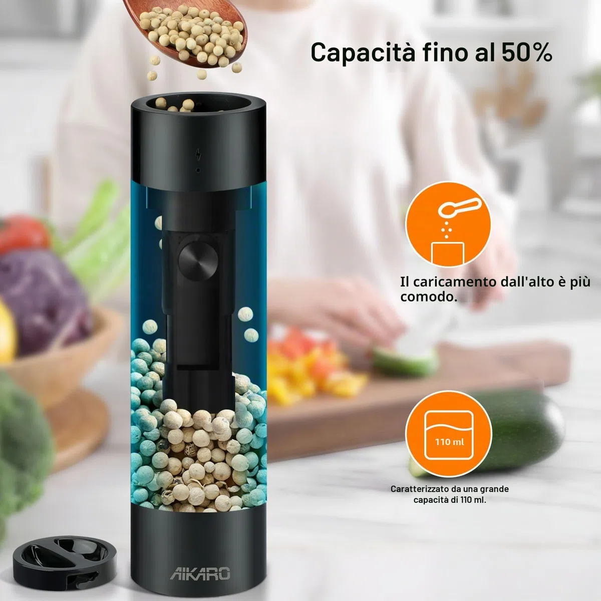 AIKARO - Macchina per sale e pepe elettrica Grancino automatico per spezie, Ricaricabile (Set)
