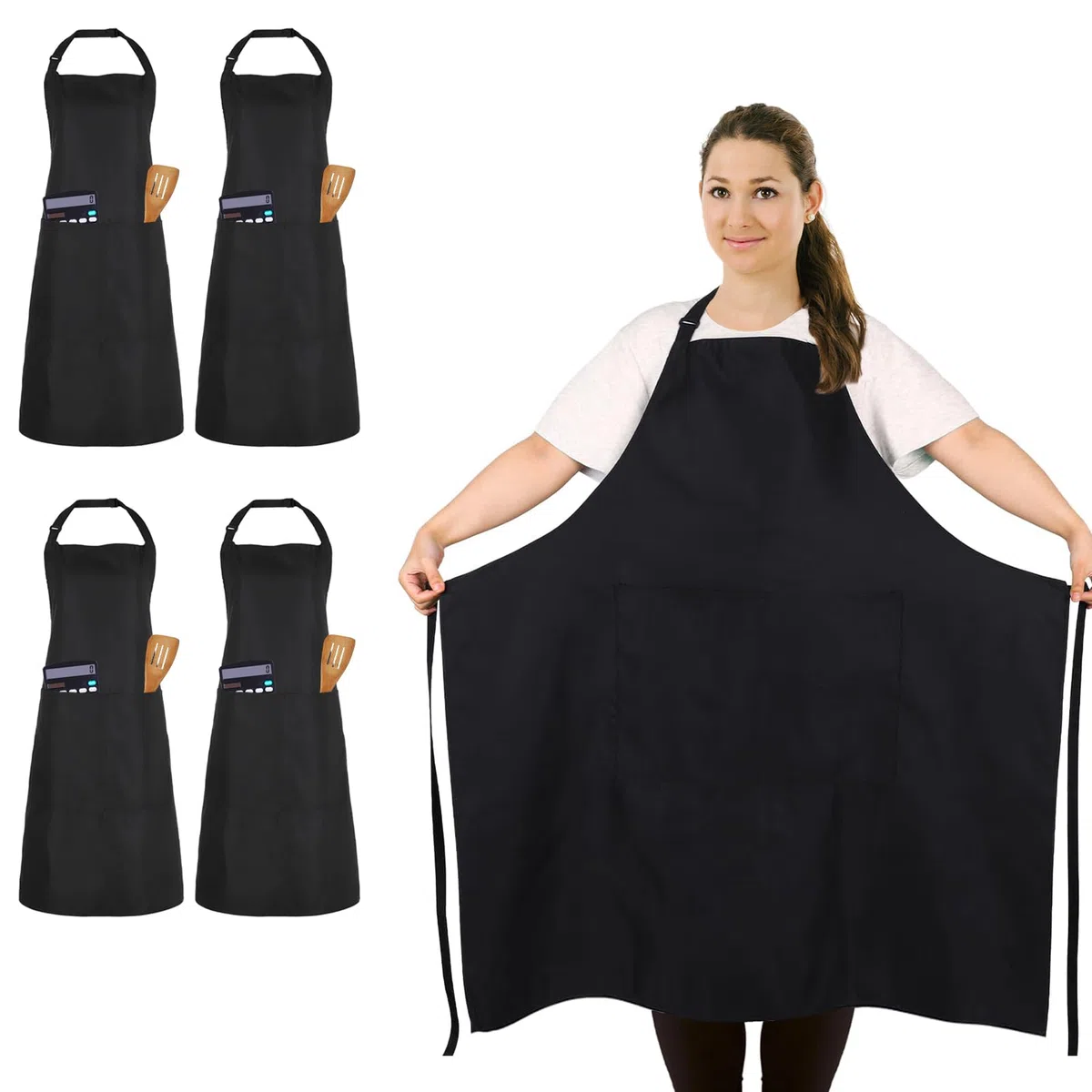 4 Pezzi Taglia Grossa Grembiule da Uomo e Donna, Nero Cucina Grembiule Impermeabile, Grembiule Regolabile con 2 Tasche, Professionale Grembiule per Chef Cameriere Pittore Parrucchiere