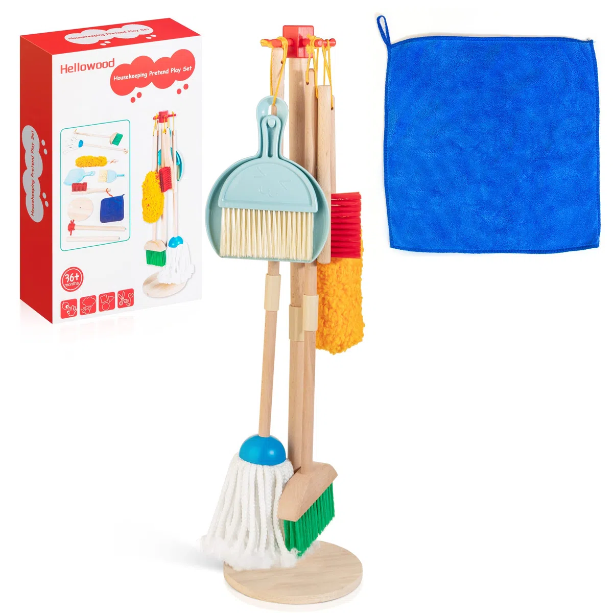 Set per la Pulizia in Legno per Bambini 8 Pezzi Giocattolo per Casa Set di Giochi per Finta Include Scopa Mop Spazzole per Paletta Supporto Giocattolo per la Pulizia Regalo per Ragazze Ragazzi Età 3-6