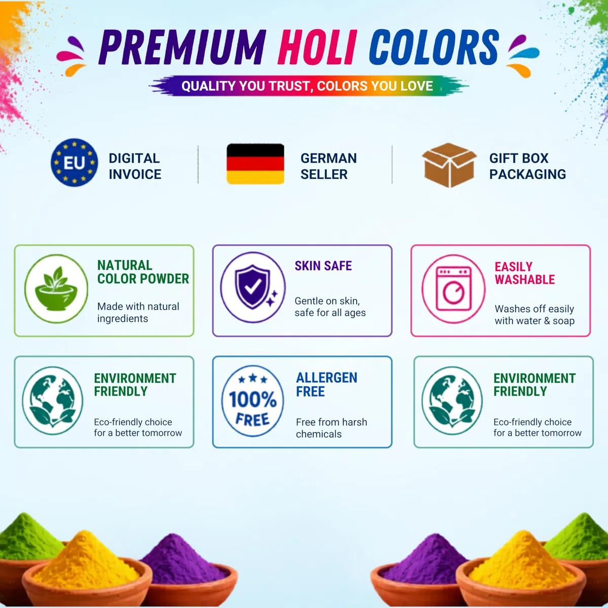 Holi color Gulal Polvere solubile in acqua naturale per festival, servizio fotografico, Rangoli, arcobaleno, fotografia di cani (mix 20)