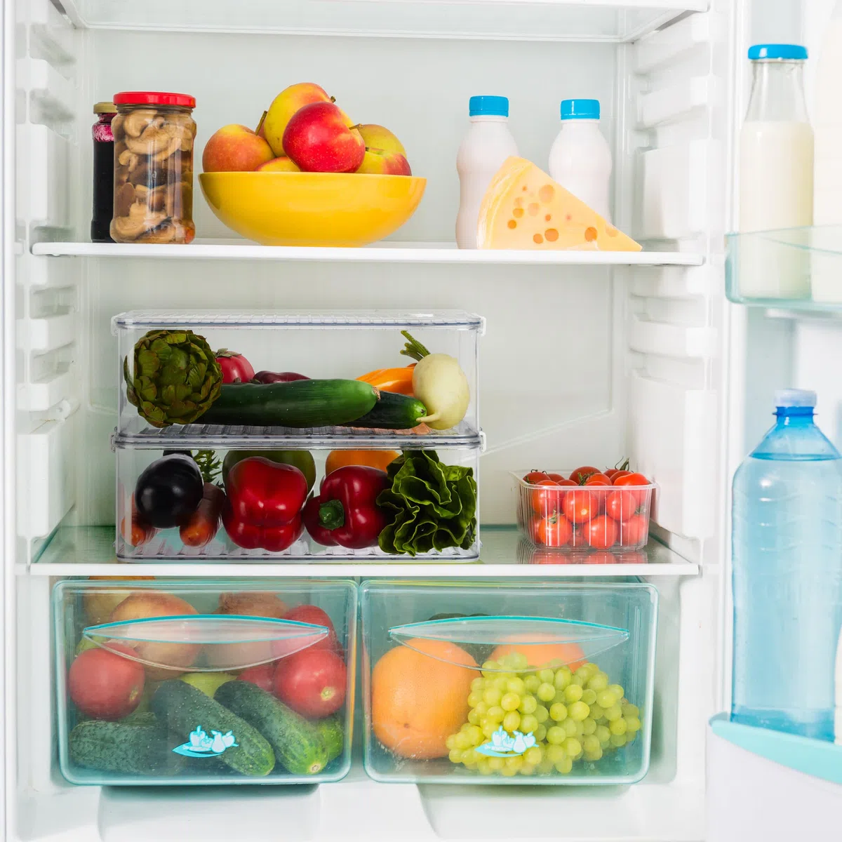 Relaxdays Contenitori per Frigo con Coperchio, Set da 2, Impilabile, Box per Frutta e Verdura, Salvaspazio, Trasparente