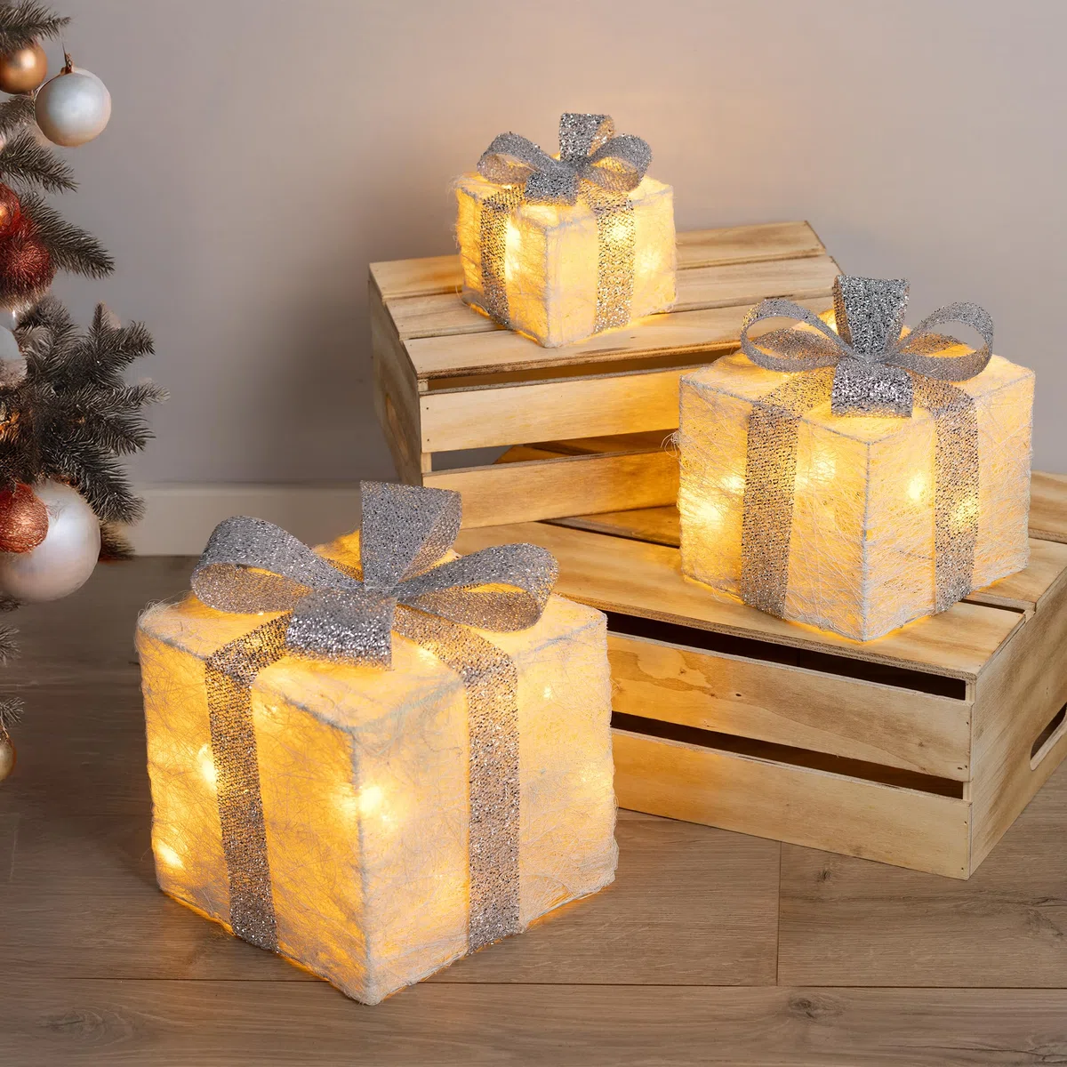 Bambelaa! Set di 3 luci a LED, per decorazioni natalizie, decorazione natalizia, decorazione natalizia (bianco-argento)