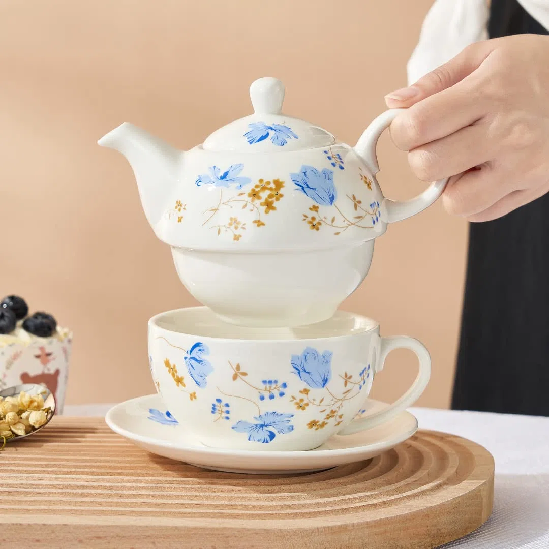 Teiera e tazza in porcellana, set da tè per uno, teiera floreale, regalo per donne, orchidee