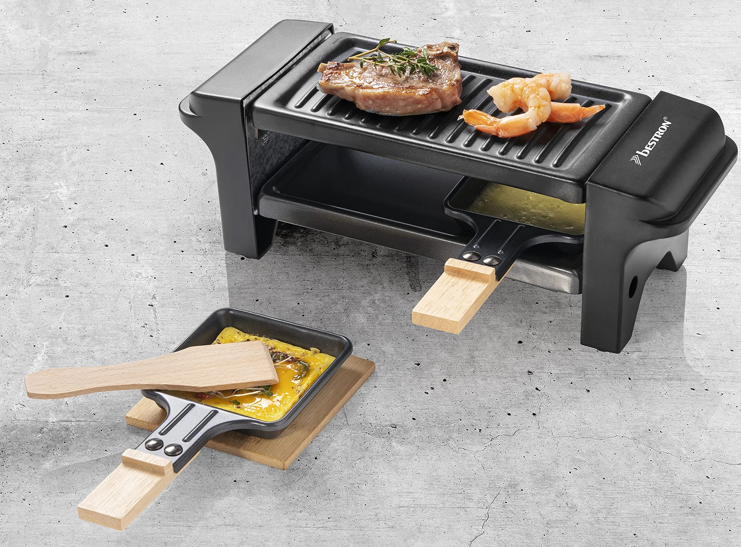 Bestron ARG150BW Barbecue da Tavolo per 2 Persone, plastica, ghisa, Nero/Legno