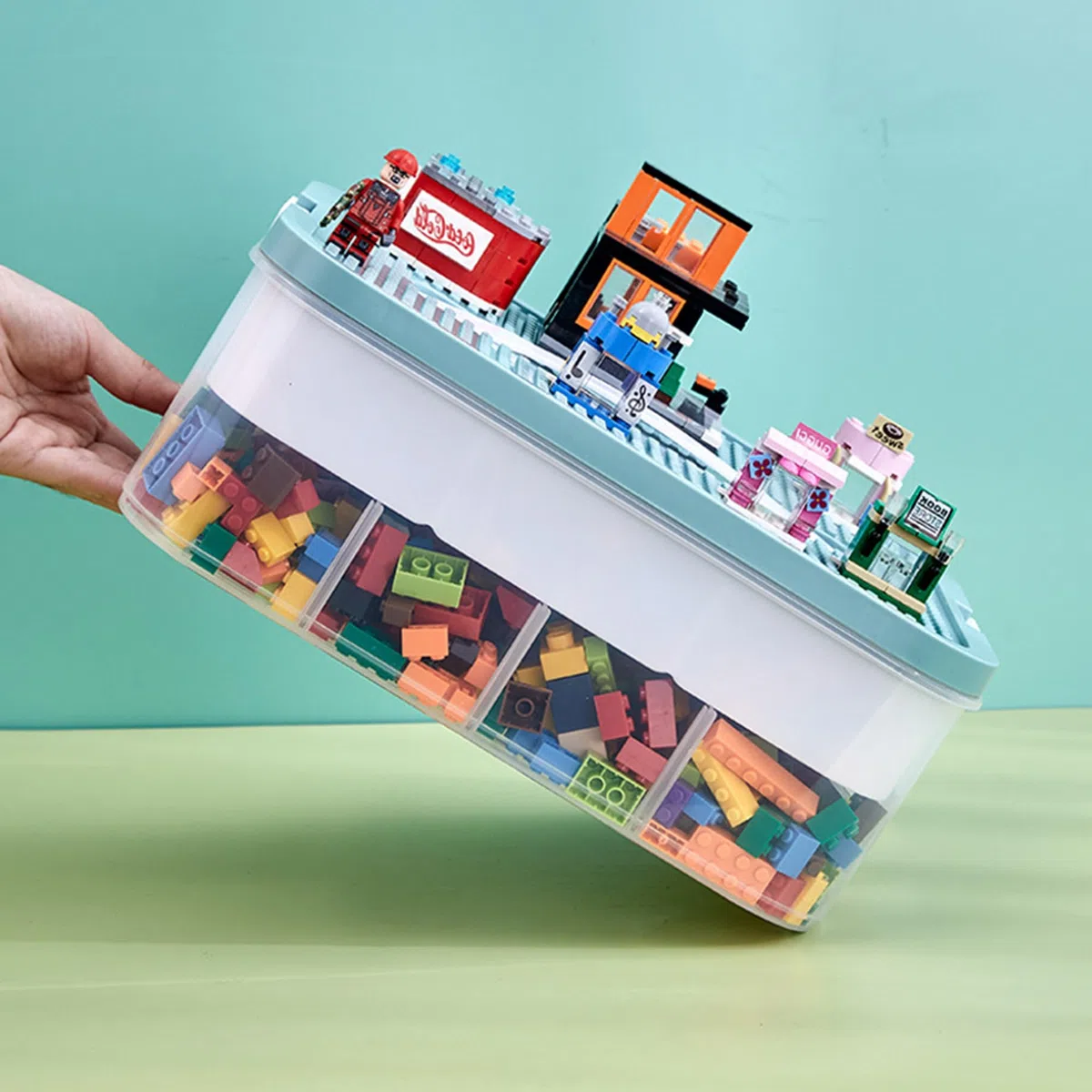 2 Strati Scatole Impilabili con Coperchio per Costruzioni mattoncini Contenitore Contenitori Portaoggetti per Bambini Scatola Giochi con Scomparti Organizer Puzzle per Riporre i Giocattoli