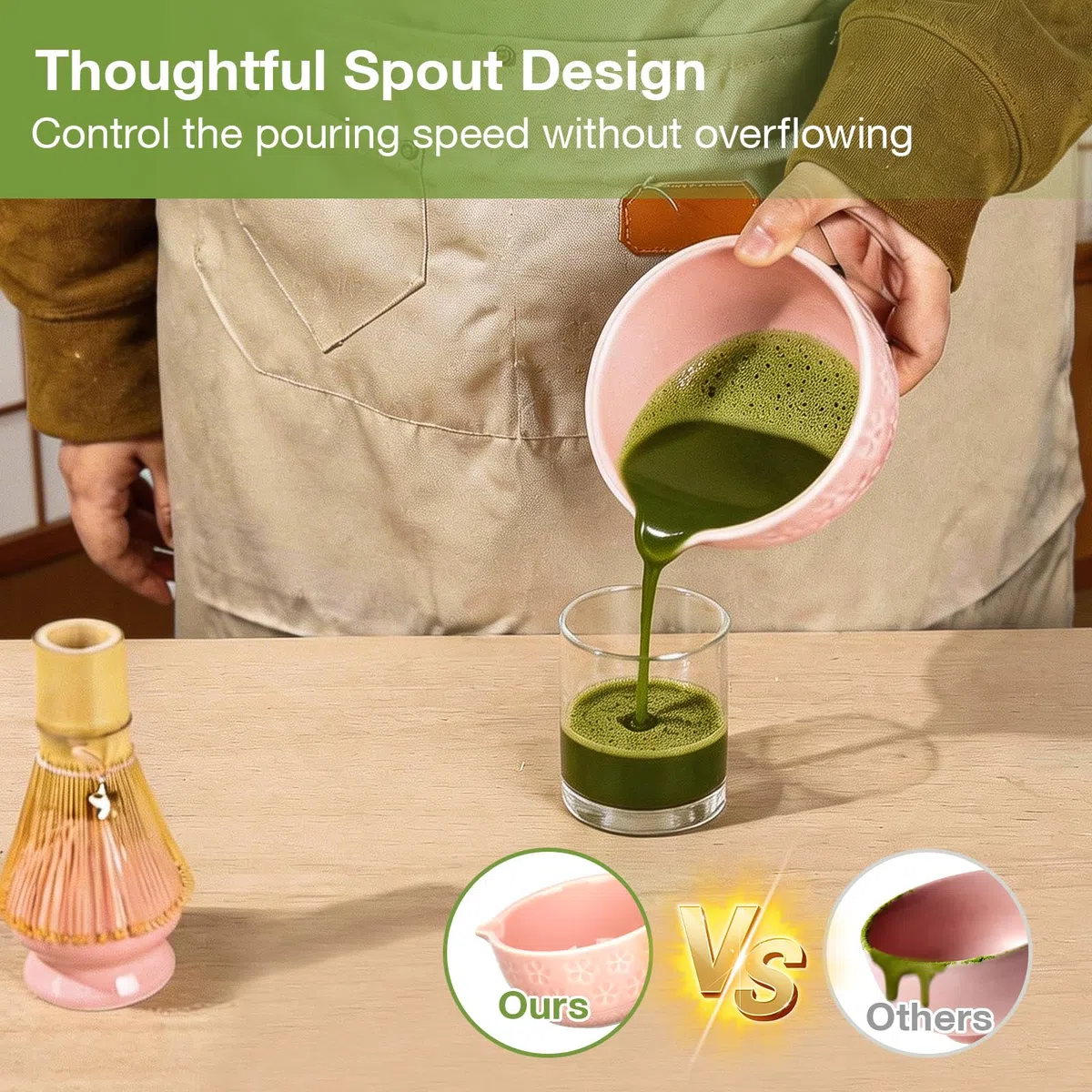VINATO Matcha Set 7 Pezzi Kit Accessori Cerimonia del Tè, Matcha Polvere Kit con Ciotola Chawan in Ceramica con Beccuccio, Frusta in Bambù, Canovaccio per Gli Amanti Della Cerimonia del Tè, Rosa