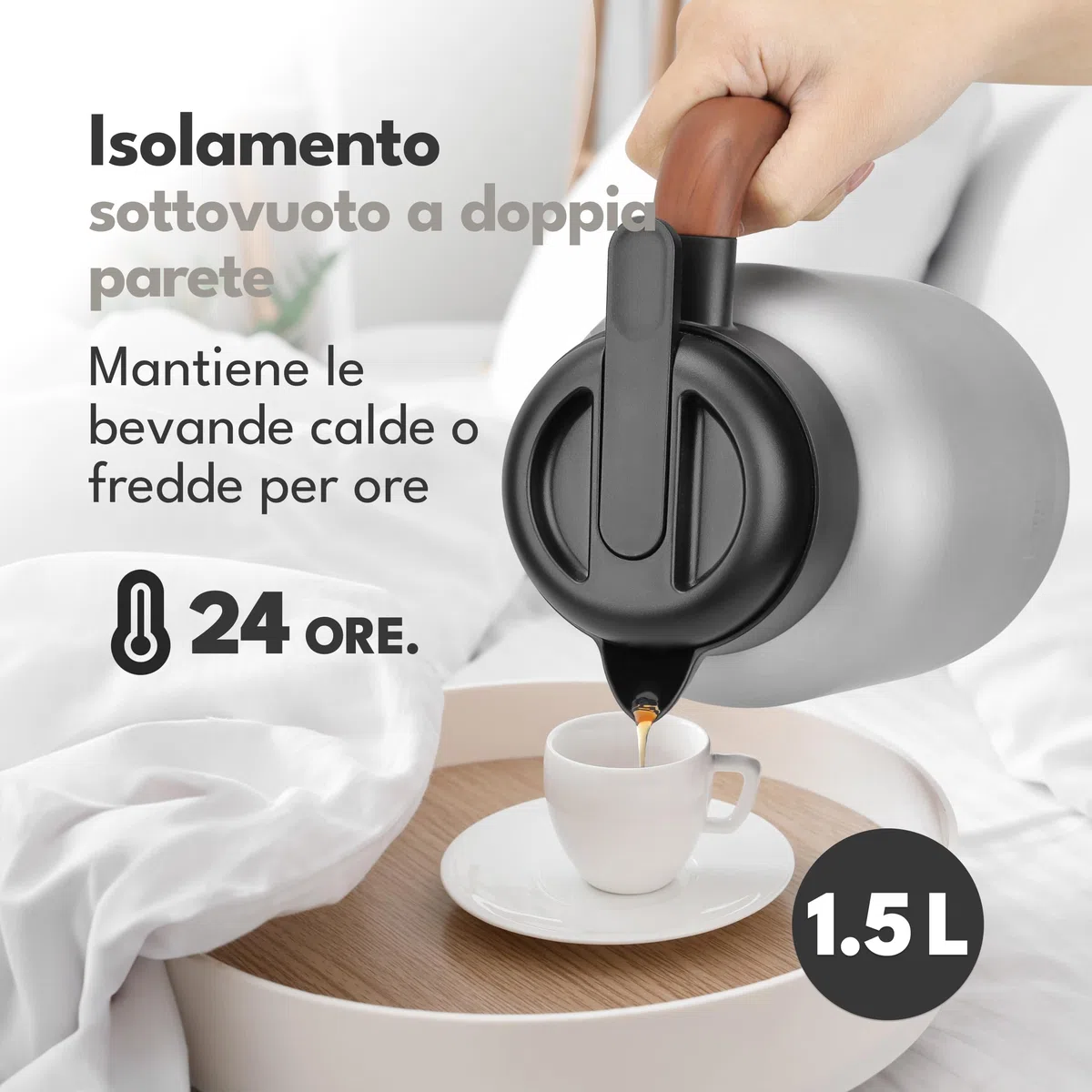 LEBENLANG Thermos caffe 1,5 litri Grigio - Rivestimento ceramico & senza BPA I 24 ore al caldo & Incl. filtro da tè I Termos caffè Caraffa termica Termus per te caldo grande Teiera