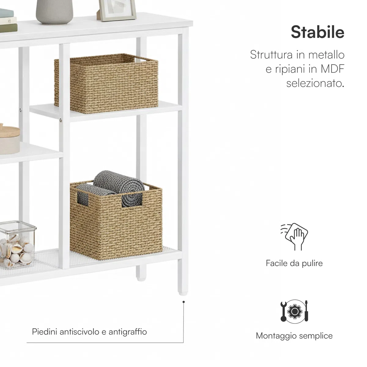 Baroni Home Consolle Ingresso, Tavolo Consolle con Struttura in Metallo Bianca e 4 Ripiani in MDF, Mobile Salvaspazio per Ingresso, Soggiorno e Corridoio, Facile da Montare, 22x75x76 cm