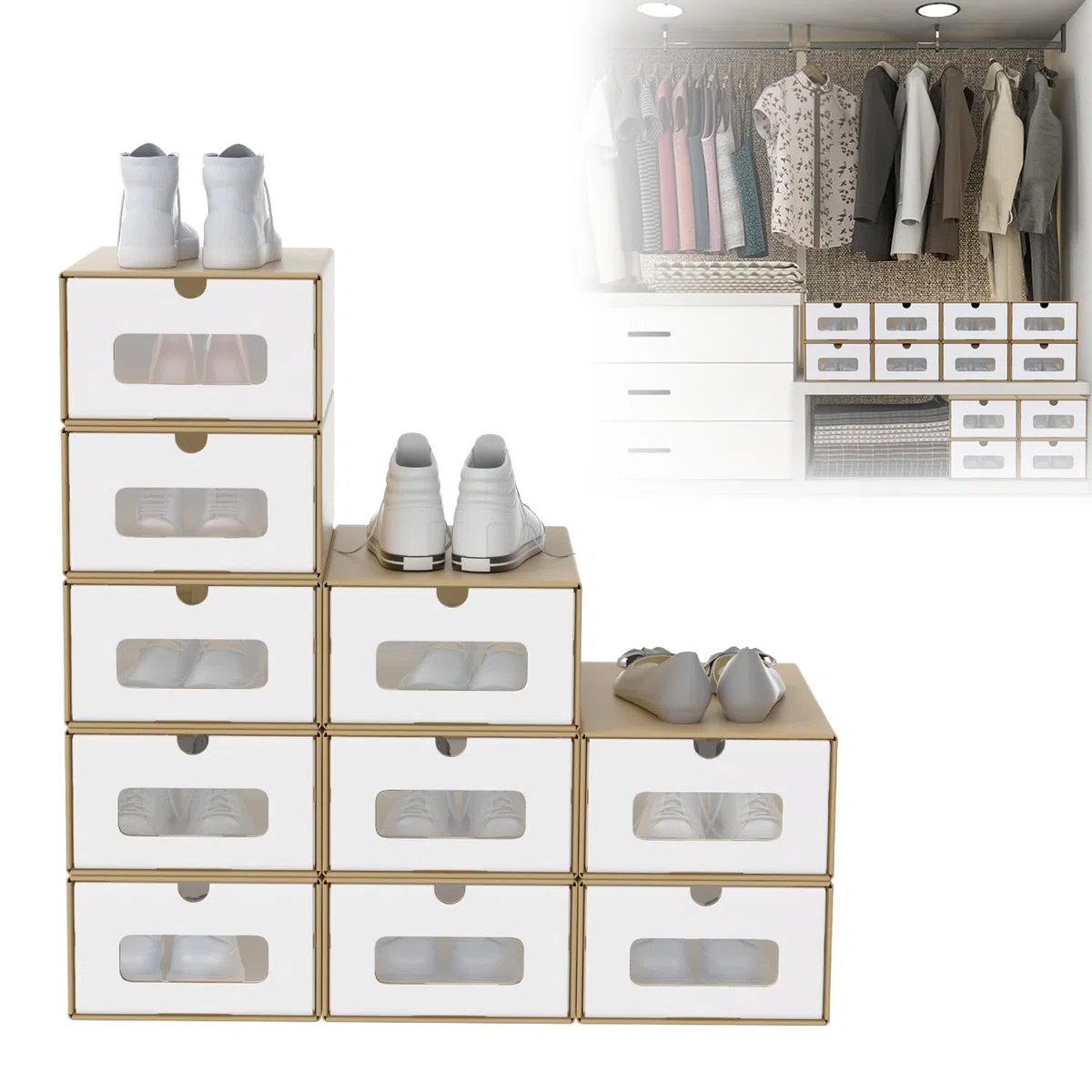 UISEBRT 10 scatole impilabili con finestra trasparente per scarpe, per cameretta, ufficio, soggiorno, camera da letto, marrone