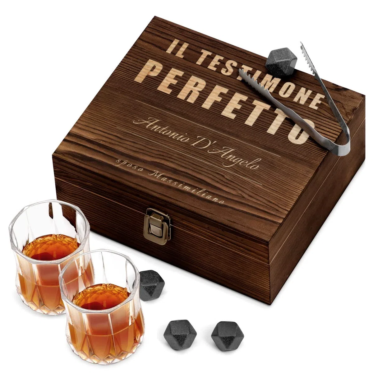 Maverton Set di Pietre da Whisky - cofanetto con incisione personalizzata - 8 cubetti di ghiaccio + 2 bicchieri - in granito - riutilizzabili - idea regalo uomo - regalo di Natale - testimone