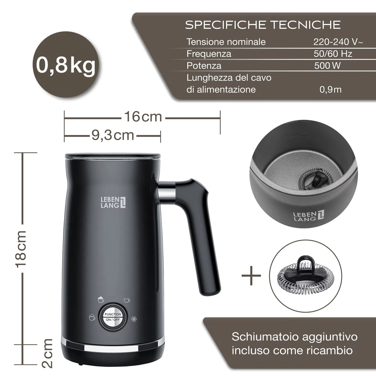 LEBENLANG Montalatte elettrico nero - Incl. frusta di ricambio + 4 modalità per un cappuccino perfetto - Montalatte elettrico - con Funzione Latte Caldo e Freddo - Montalatte elettrico cappuccino