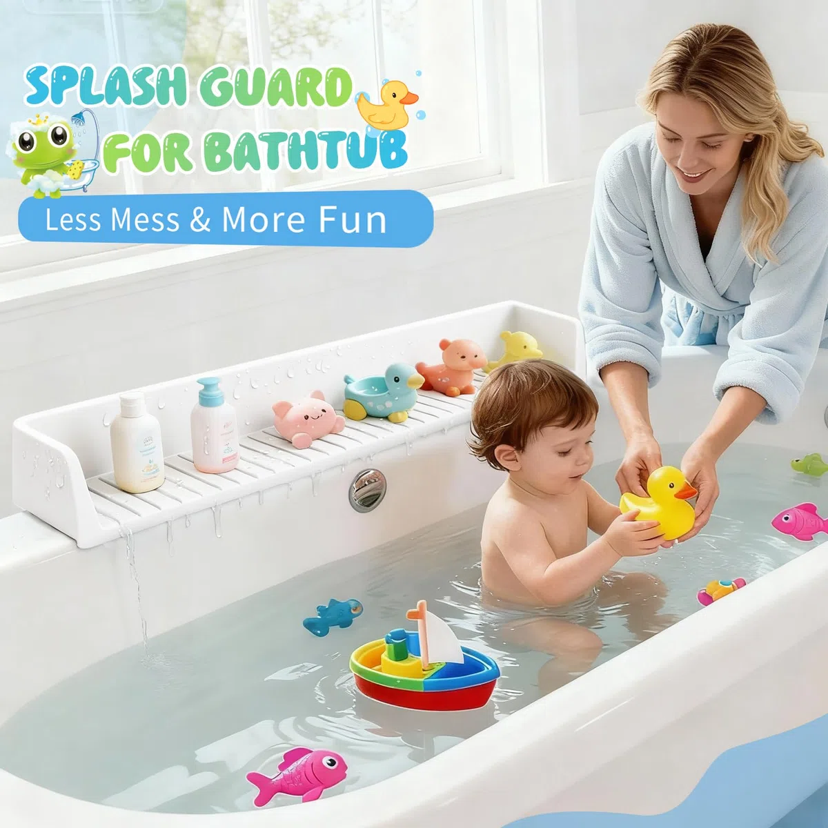 Dreamtop Paraspruzzi per vasca da bagno, mensola da gioco per vasca da bagno, vassoio per giocattoli per vasca, paraspruzzi in silicone previene fuoriuscite d'acqua in bagno (bianco)