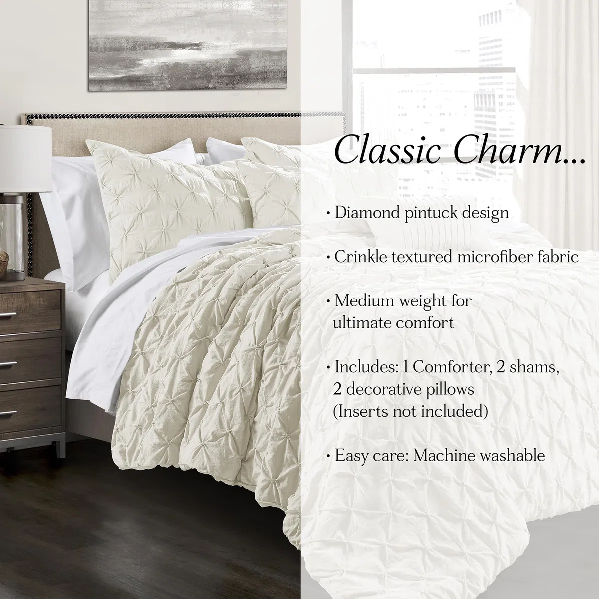 Lush Decor Lush Décor Ravello Pintuck 5 Piece Comforter Set, Full/Queen, Avorio, Ivory, King