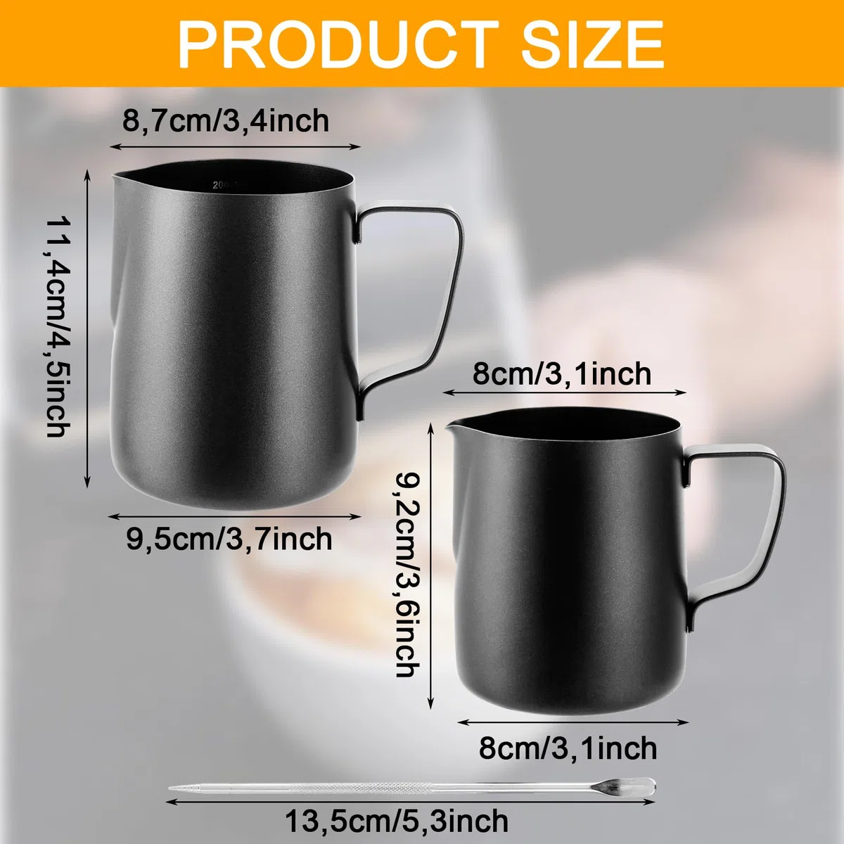 APACALI Barista - 2 bricco per latte in acciaio inox nero, con misurazione Mark e Latte Art, per cappuccino espresso, 600 ml + 350 ml