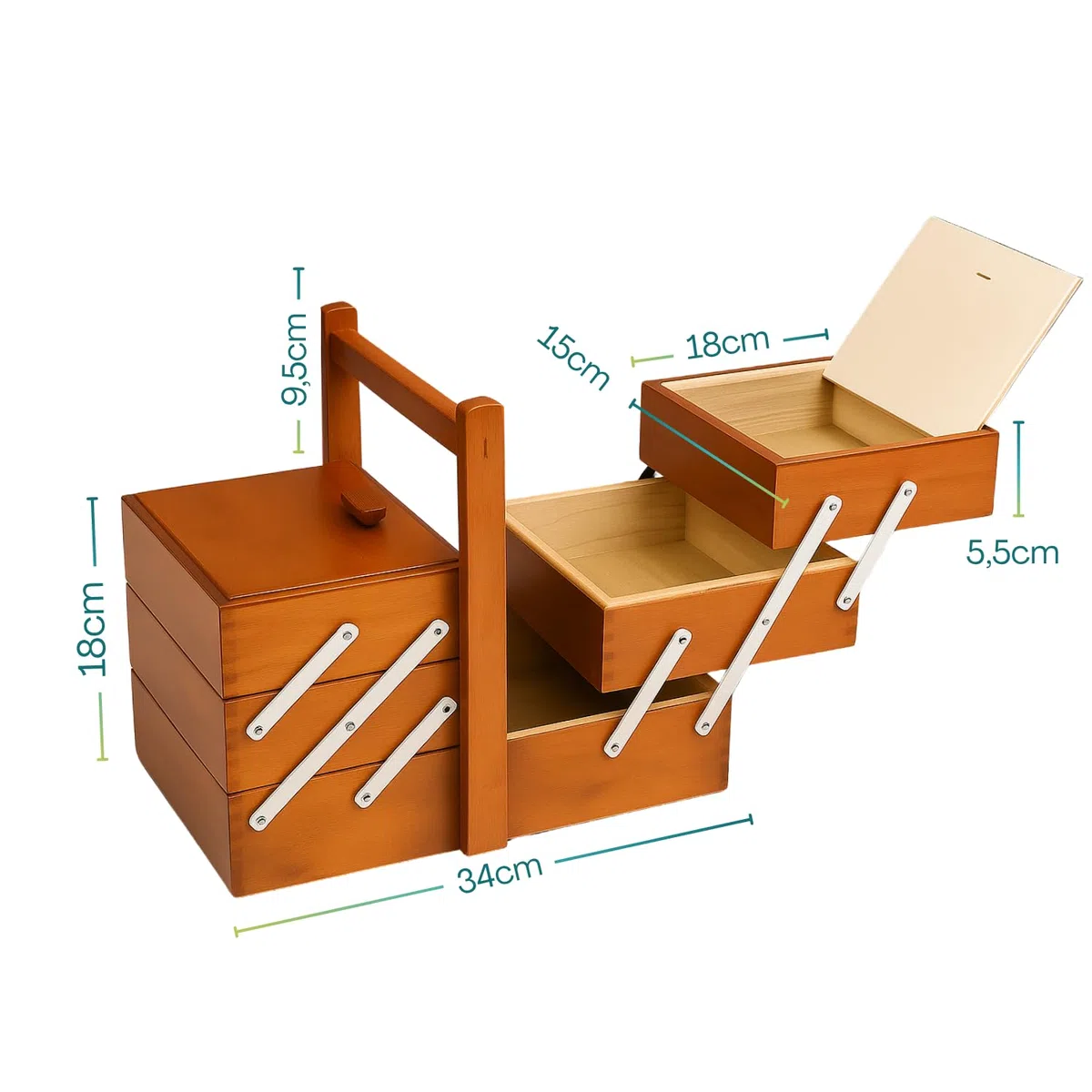 Paluplus Cestino portacucito in Legno a 3 Piani, Misura 34x23x29 cm, Scatola a Scaletta con maniglia e 5 Scomparti per accessori cucito, sartoria e fai da te, Made in Italy -015F -3,1 (Noce)