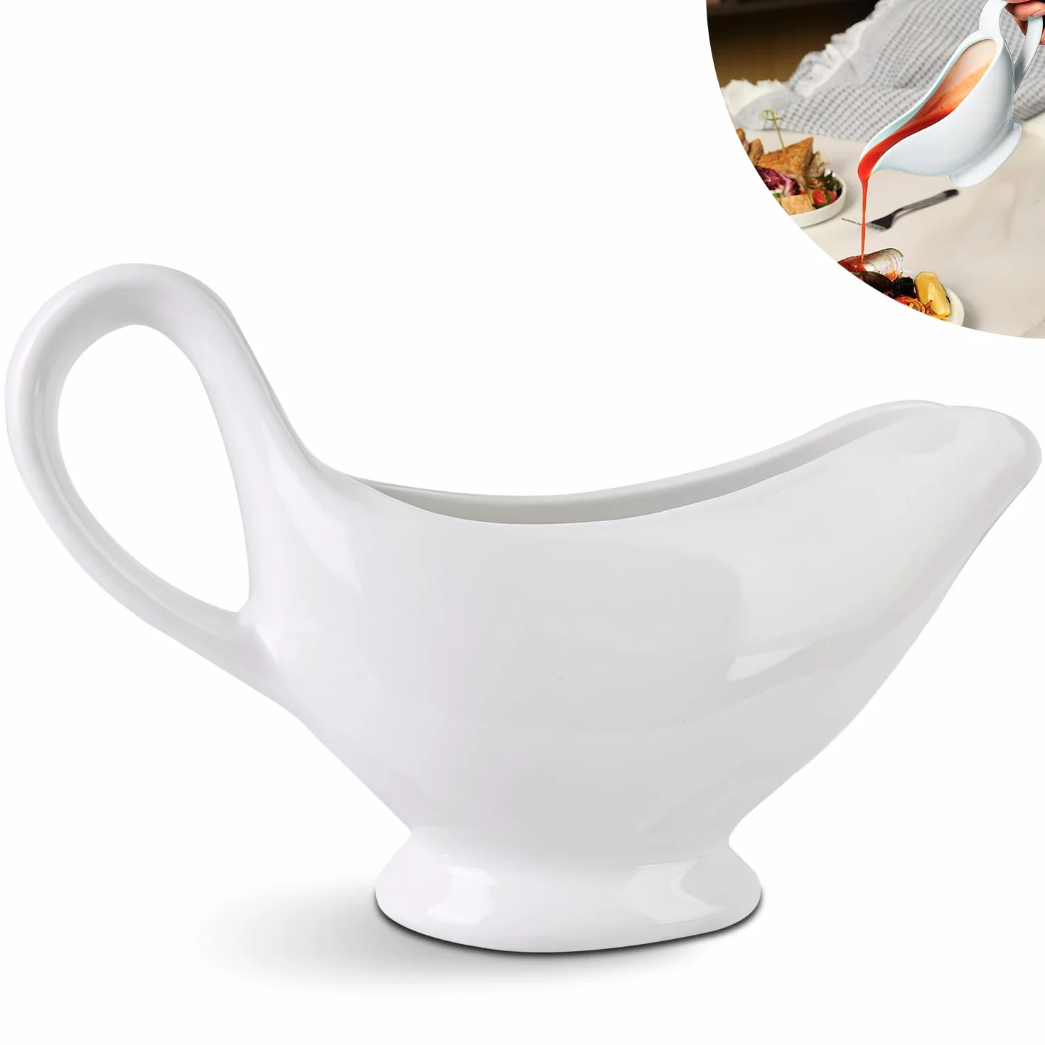 Nizirioo Salsiera in porcellana 310 ml - Vaso per salsa con manico, contenitore per condimenti, crema e brodo di latte, design elegante, grande manico