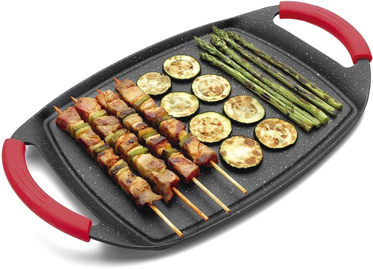 MGE - Bistecchiera Antiaderente in Pietra per Induzione - Piastra Grill Antiaderente - Griglia per Carne, Cucina - 47 x 29 cm