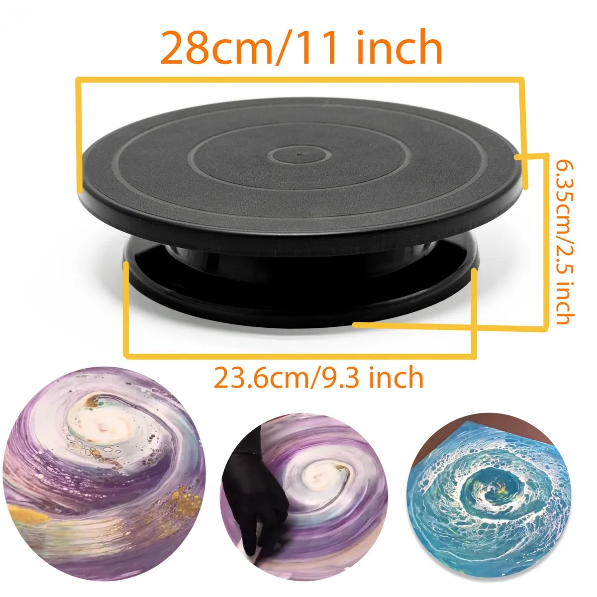 Giradischi girevole da 28 cm per scolpire la torta, girevole nero, per pittura a spruzzo di vernice, con supporti di supporto in tela a cono e 3 filtri per versare in acrilico