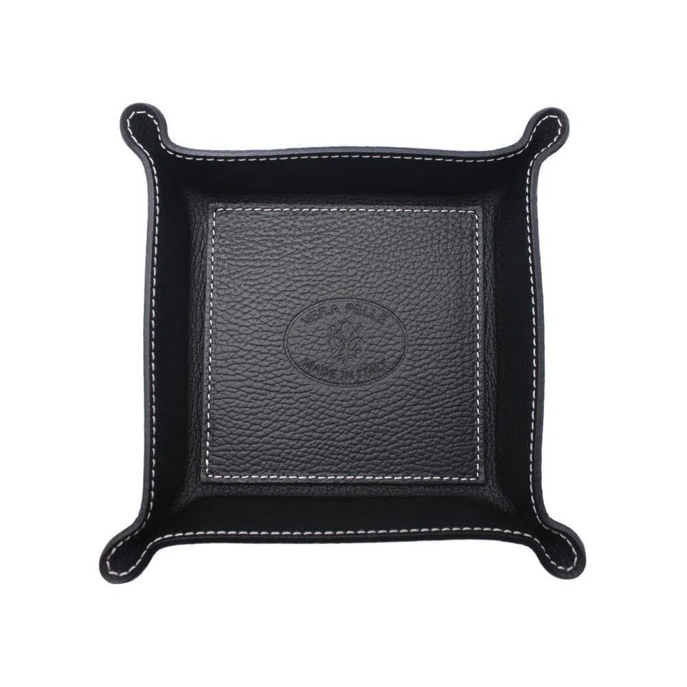 FrasiBags Svuotatasche Organizer Scrivania in Vera Pelle Made in Italy, Svuota Tasche Vassoio Porta Oggetti in Pelle Quadrato (Nero)