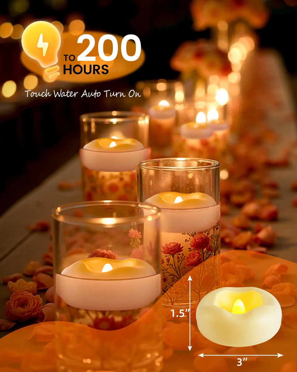 Da by 12 Pezzi Candele LED Fluttuanti ad Attivazione Acqua, Impermeabili con Pile CR2032 Incluse, Senza Fiamma per Bagno, Matrimonio, Feste e Decorazioni Casa