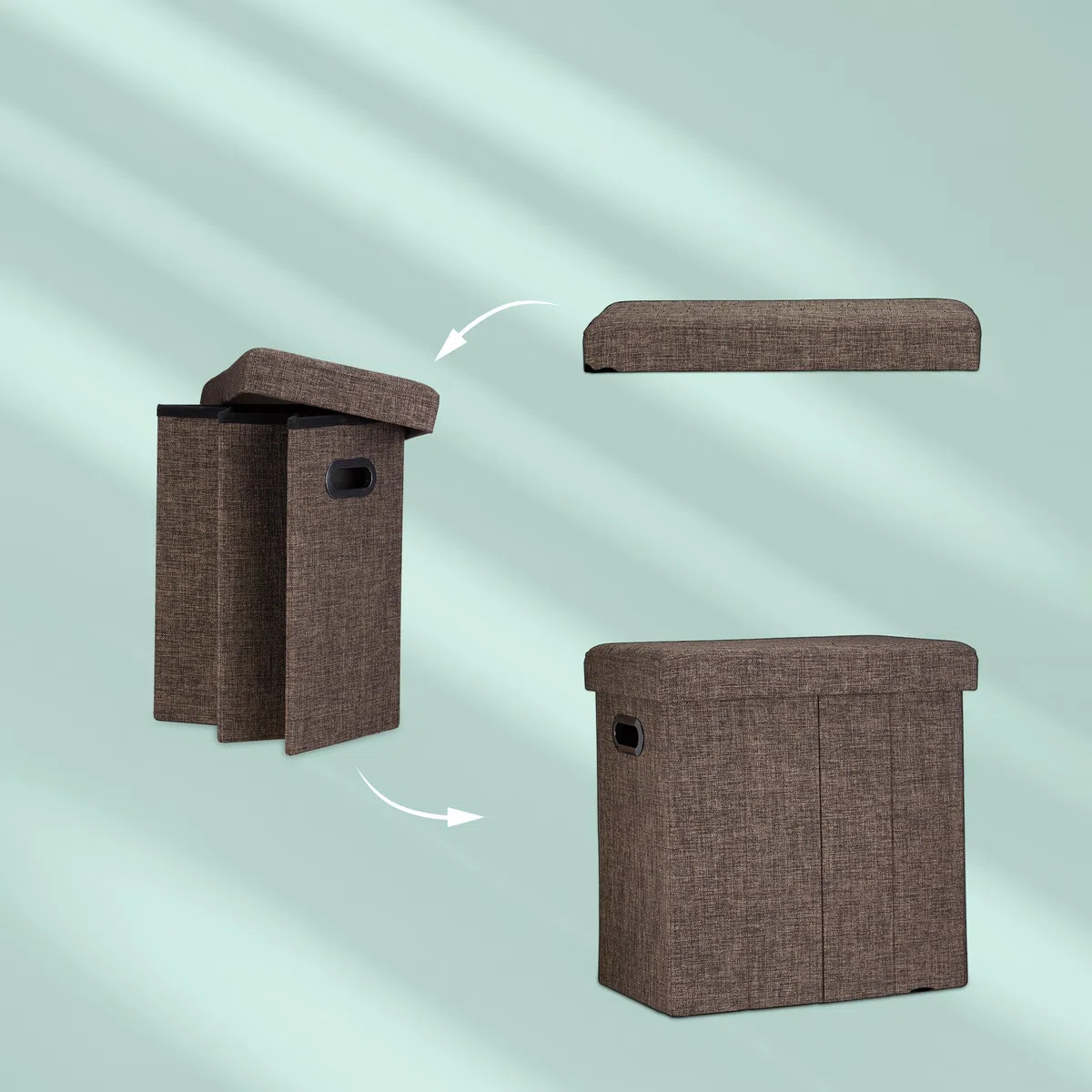 Relaxdays Sgabello Pieghevole, HxLxP: 49,5x46x25,5 cm, Pouf Contenitore, Lino, Poliestere, Legno MDF, Colore Marrone