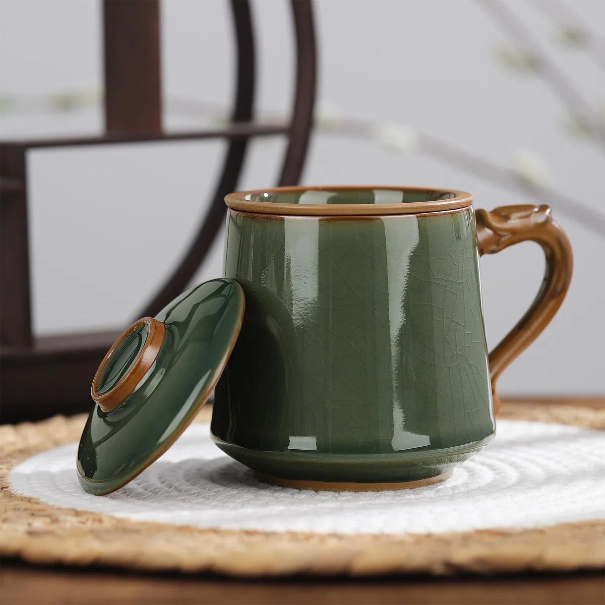 fanquare Tazza da Tè in Ceramica con Infusore e Coperchio Tazze da Tè Cinesi a Smalto Verde Tazza Grande per la Macerazione del Tè per Regali Casa 450ml
