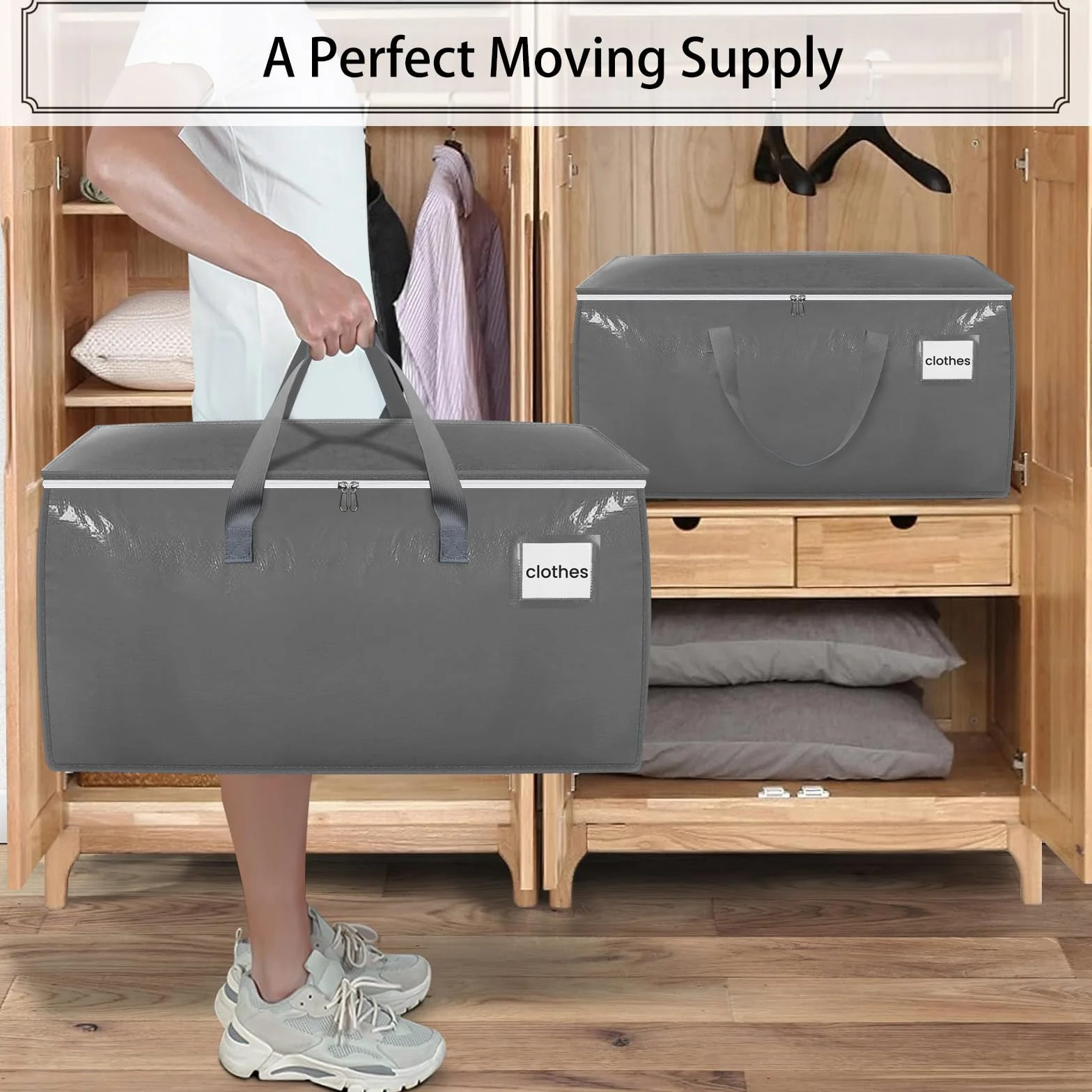Withosent 100L Borsa Portaoggetti Grande, 6 Pezzi Impermeabile Borse di Stoccaggio Trasloco con Cerniera e Maniglia, Pieghevole Scatole Armadio Viaggio per Vestiti, Coperte, Trapunte, Grigio